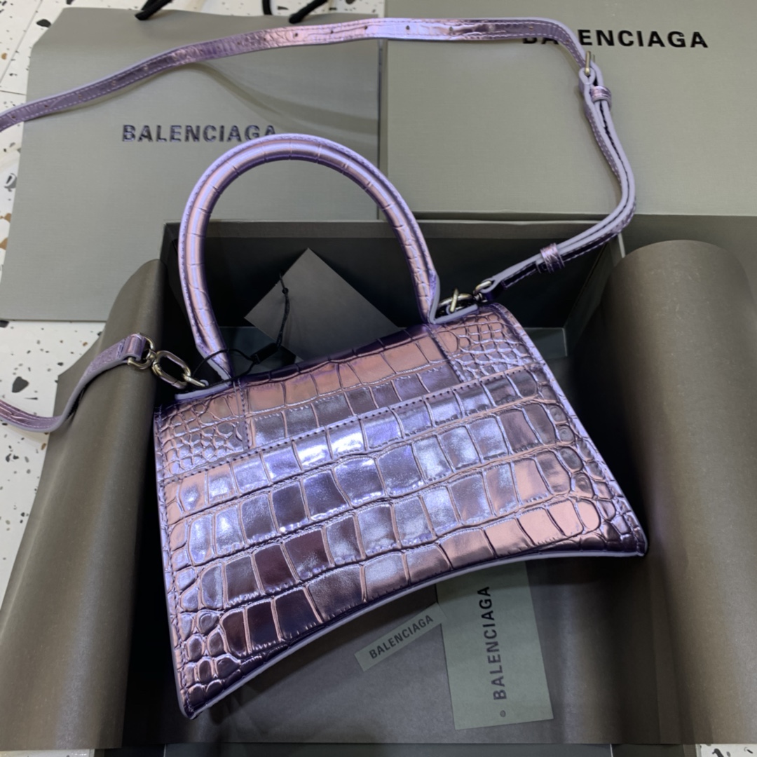 Balenciaga Hourglass Small Handbag Crocodile Embossed Shoulder Bag Light Purple